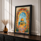 Colorful artwork of the Dome of the Rock framed by a floral archway filled with blooming flowers, with the golden dome rising above the courtyard beneath a bright blue sky.
