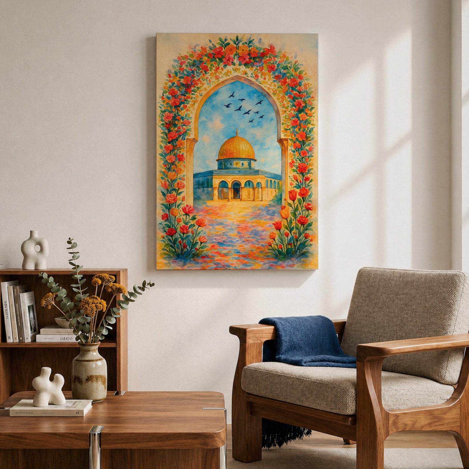 Colorful artwork of the Dome of the Rock framed by a floral archway filled with blooming flowers, with the golden dome rising above the courtyard beneath a bright blue sky.