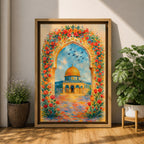 Colorful artwork of the Dome of the Rock framed by a floral archway filled with blooming flowers, with the golden dome rising above the courtyard beneath a bright blue sky.