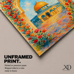 Colorful artwork of the Dome of the Rock framed by a floral archway filled with blooming flowers, with the golden dome rising above the courtyard beneath a bright blue sky.