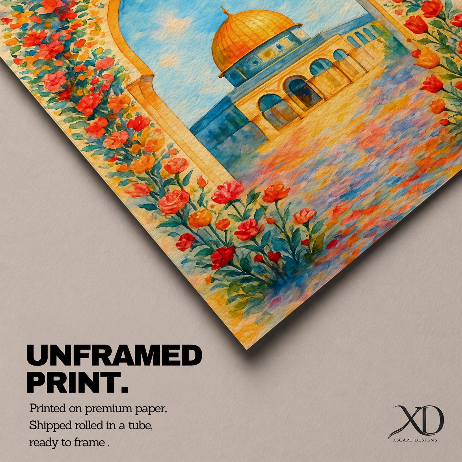 Colorful artwork of the Dome of the Rock framed by a floral archway filled with blooming flowers, with the golden dome rising above the courtyard beneath a bright blue sky.