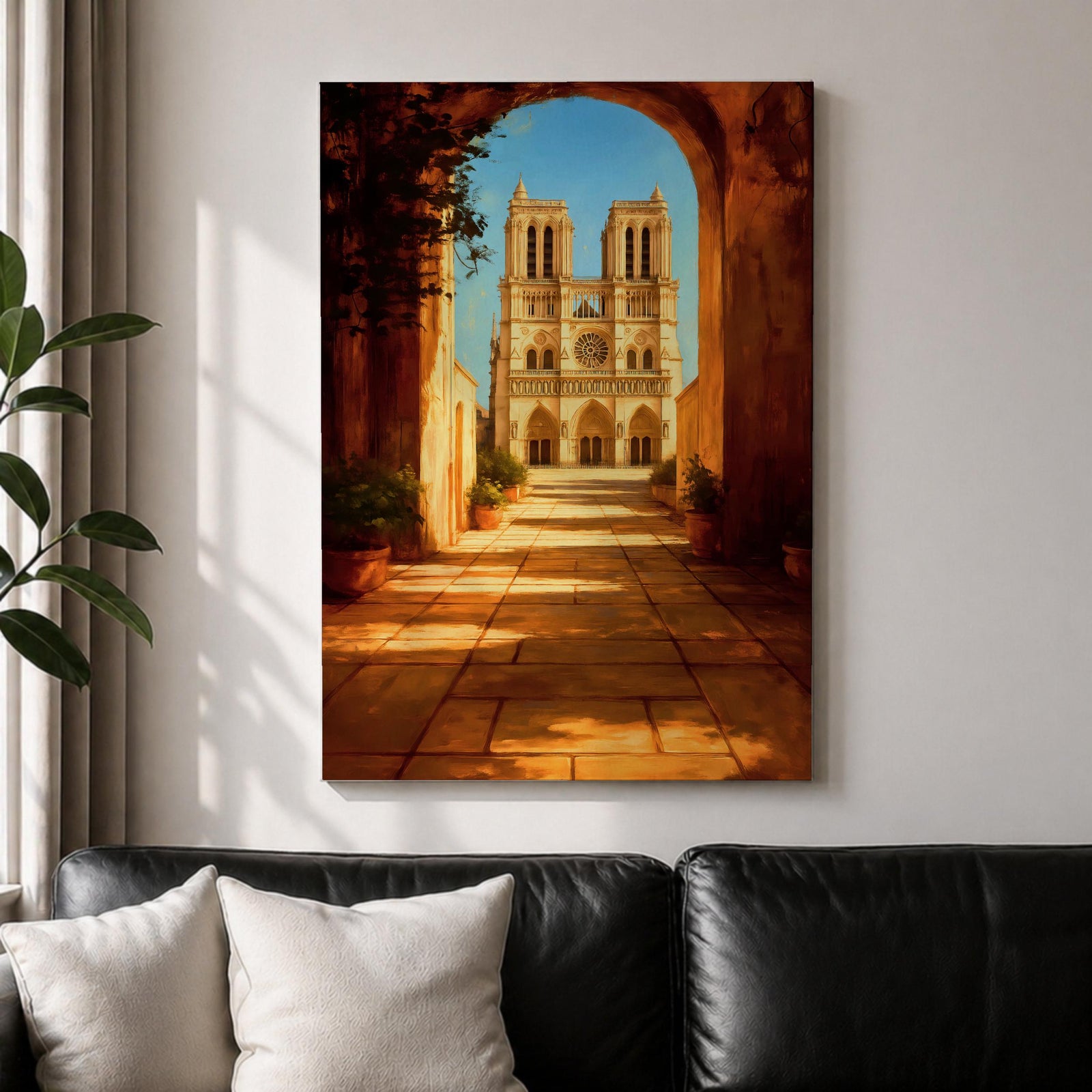 Painting of Notre Dame Cathedral in Paris framed through a large stone archway leading into a sunlit courtyard, showing the iconic twin towers and detailed Gothic façade in the distance, rendered in a warm impressionist style with golden light illuminating the architectural perspective and historic Paris landmark.