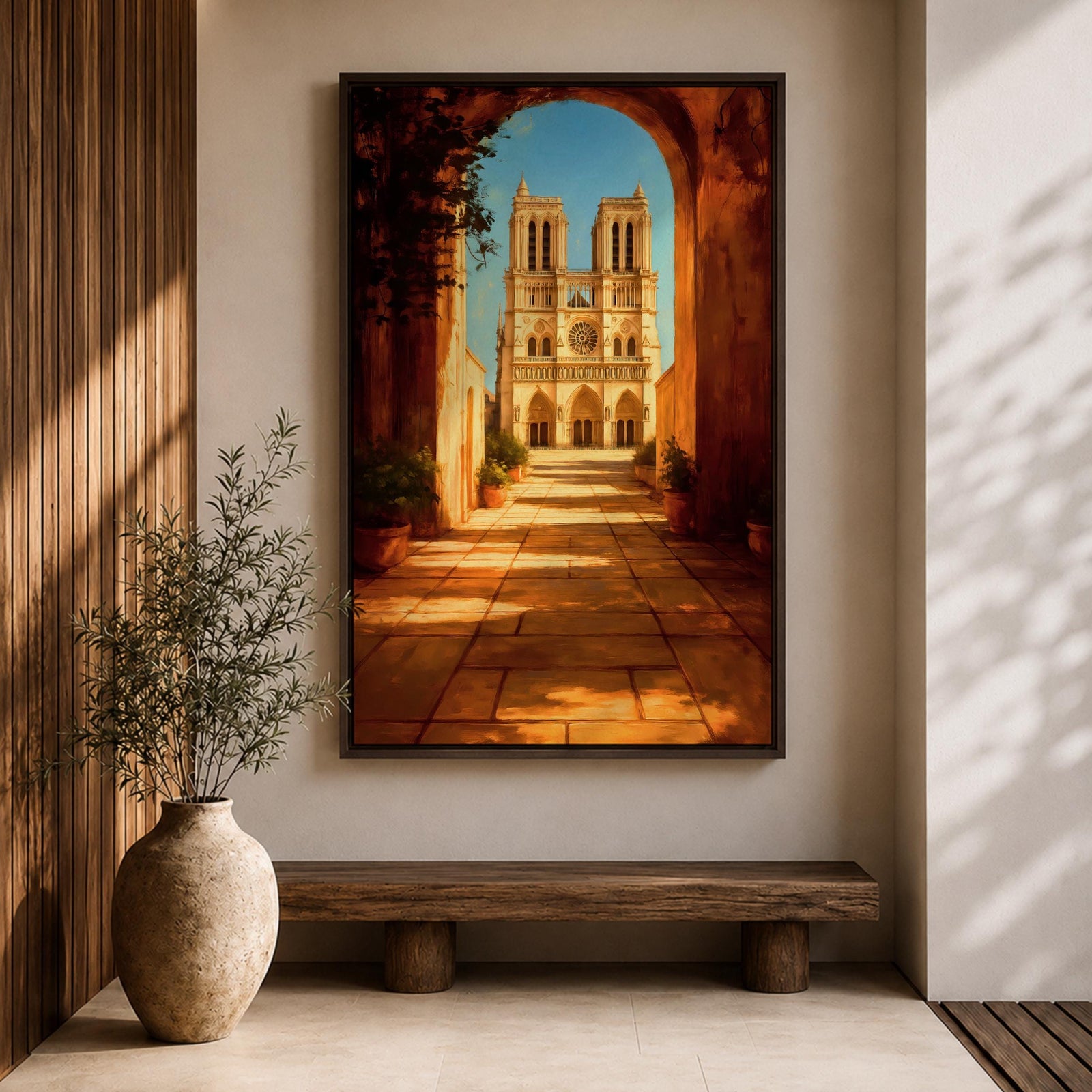Painting of Notre Dame Cathedral in Paris framed through a large stone archway leading into a sunlit courtyard, showing the iconic twin towers and detailed Gothic façade in the distance, rendered in a warm impressionist style with golden light illuminating the architectural perspective and historic Paris landmark.