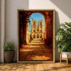 Painting of Notre Dame Cathedral in Paris framed through a large stone archway leading into a sunlit courtyard, showing the iconic twin towers and detailed Gothic façade in the distance, rendered in a warm impressionist style with golden light illuminating the architectural perspective and historic Paris landmark.
