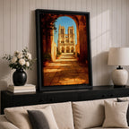 Painting of Notre Dame Cathedral in Paris framed through a large stone archway leading into a sunlit courtyard, showing the iconic twin towers and detailed Gothic façade in the distance, rendered in a warm impressionist style with golden light illuminating the architectural perspective and historic Paris landmark.