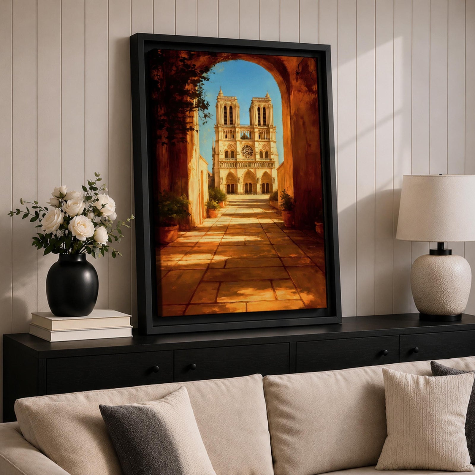 Painting of Notre Dame Cathedral in Paris framed through a large stone archway leading into a sunlit courtyard, showing the iconic twin towers and detailed Gothic façade in the distance, rendered in a warm impressionist style with golden light illuminating the architectural perspective and historic Paris landmark.