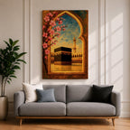 Textured oil painting of the Kaaba in Masjid Haram framed by a decorative Islamic archway with blooming pink flowers, a mosque minaret in the background, and warm sunset tones over the courtyard.