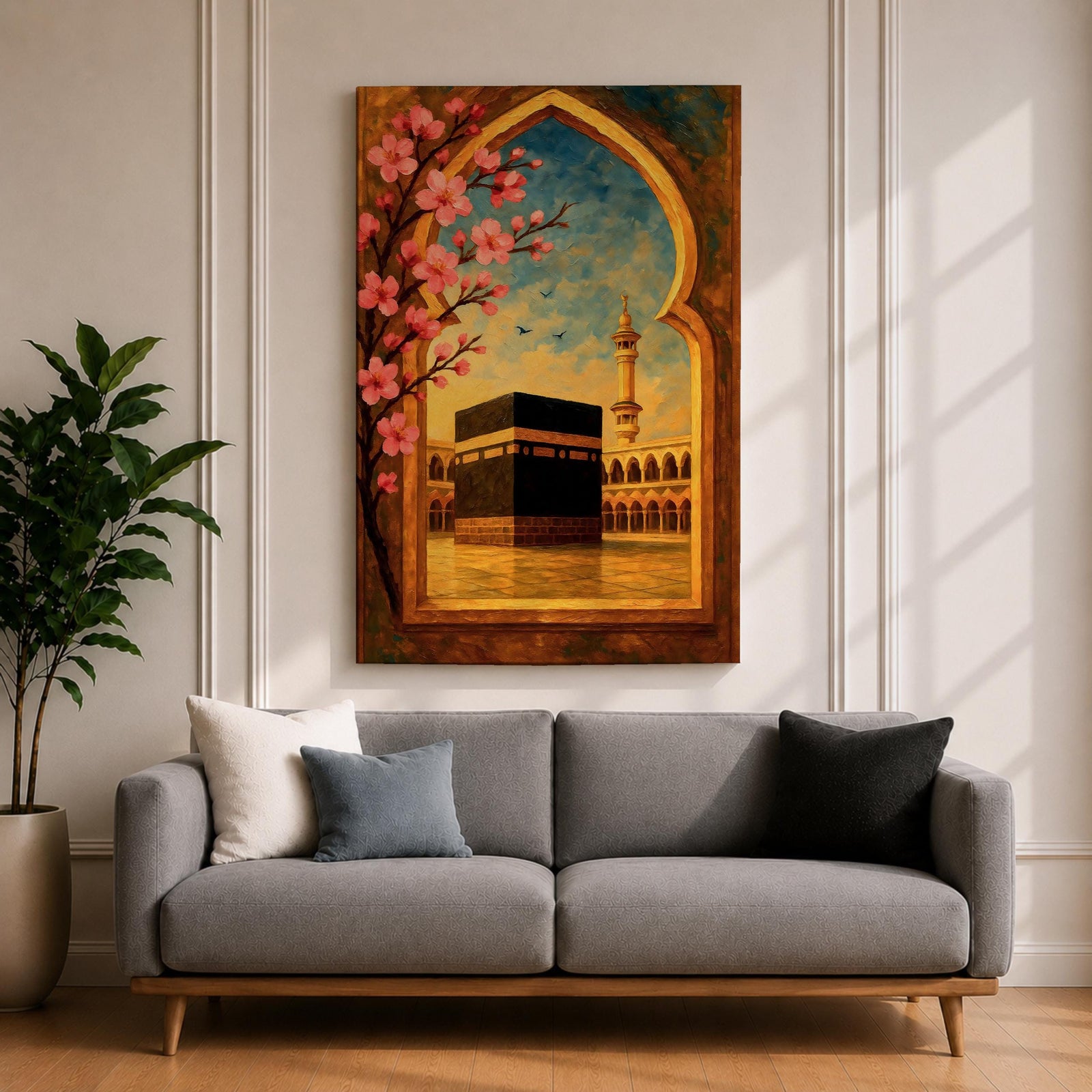 Textured oil painting of the Kaaba in Masjid Haram framed by a decorative Islamic archway with blooming pink flowers, a mosque minaret in the background, and warm sunset tones over the courtyard.