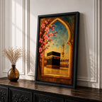 Textured oil painting of the Kaaba in Masjid Haram framed by a decorative Islamic archway with blooming pink flowers, a mosque minaret in the background, and warm sunset tones over the courtyard.