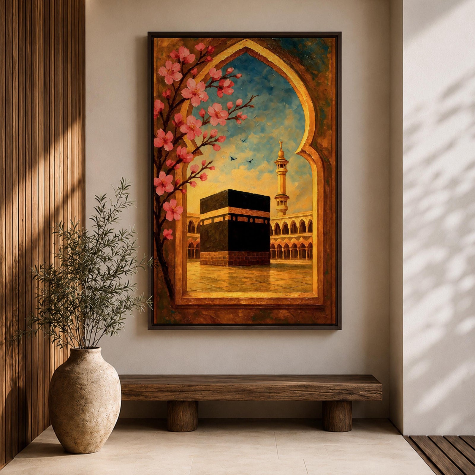 Textured oil painting of the Kaaba in Masjid Haram framed by a decorative Islamic archway with blooming pink flowers, a mosque minaret in the background, and warm sunset tones over the courtyard.