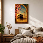 Textured oil painting of the Kaaba in Masjid Haram framed by a decorative Islamic archway with blooming pink flowers, a mosque minaret in the background, and warm sunset tones over the courtyard.