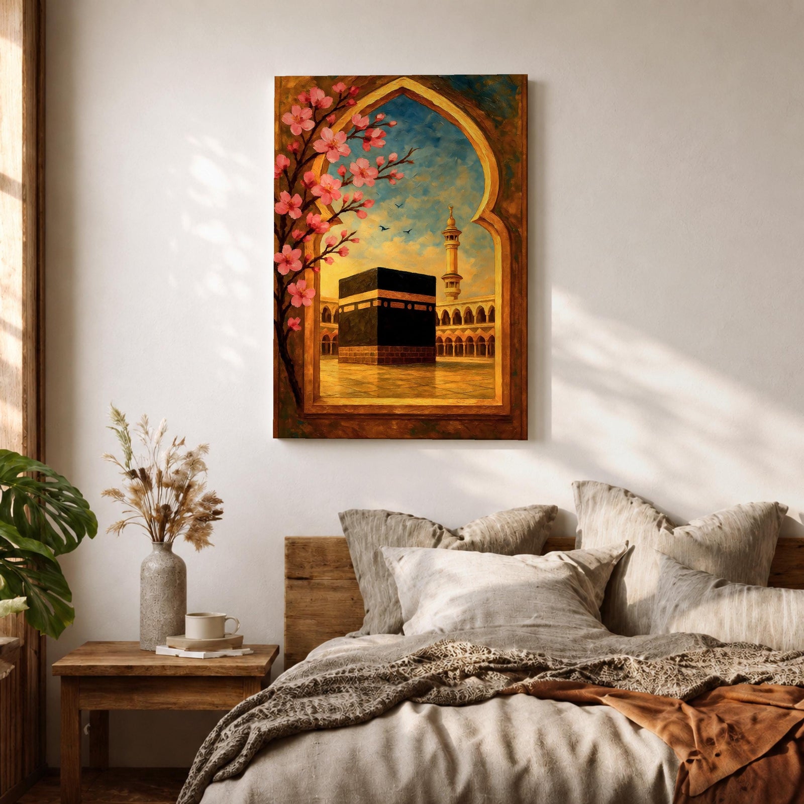 Textured oil painting of the Kaaba in Masjid Haram framed by a decorative Islamic archway with blooming pink flowers, a mosque minaret in the background, and warm sunset tones over the courtyard.