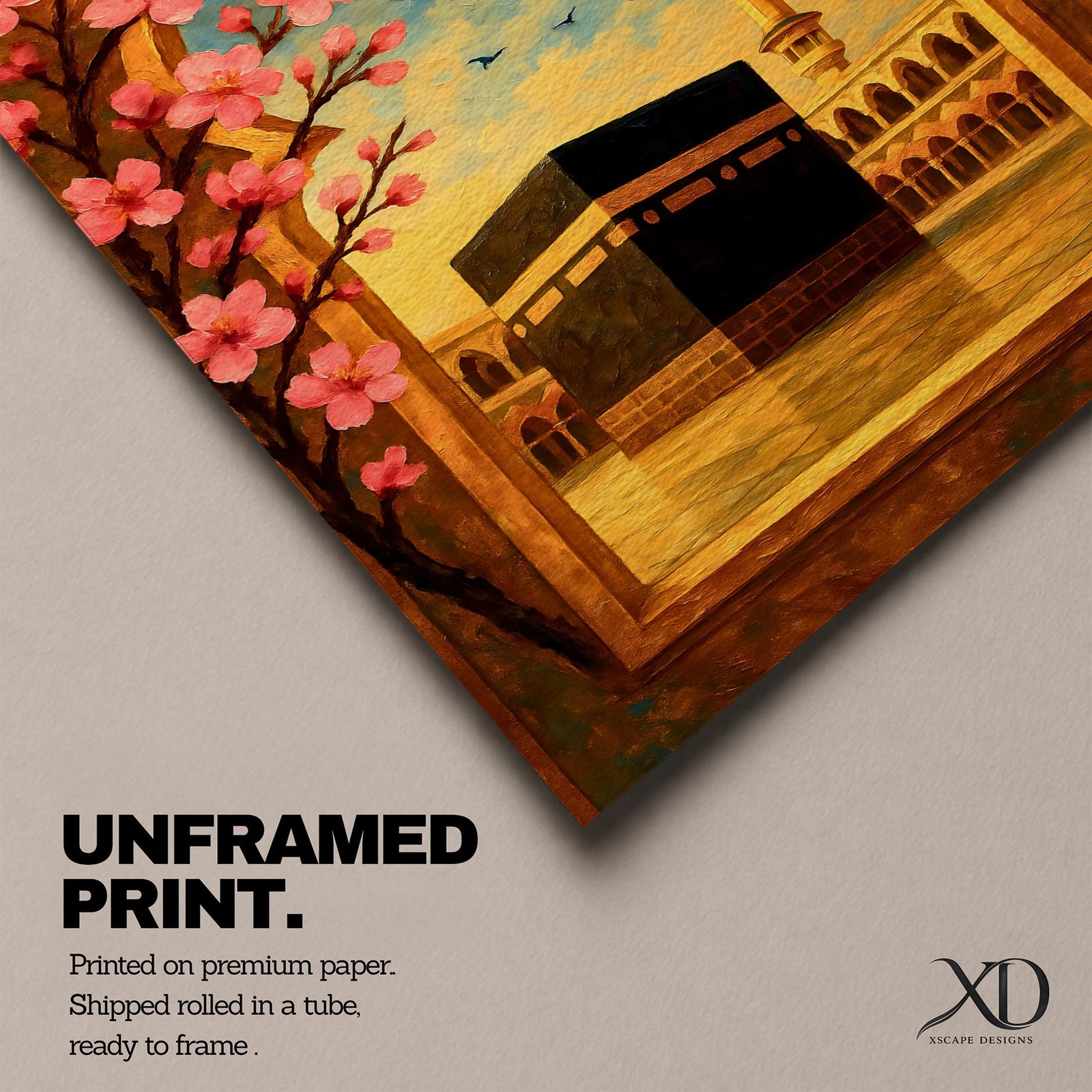 Textured oil painting of the Kaaba in Masjid Haram framed by a decorative Islamic archway with blooming pink flowers, a mosque minaret in the background, and warm sunset tones over the courtyard.