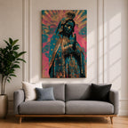 Retro style illustration of the Virgin Mary with hands folded in prayer, wearing a decorated blue mantle with star patterns and a crown, surrounded by radiant rays and floral graphic elements in bold pink and teal colors, rendered in a modern pop inspired Madonna composition with ornamental details.