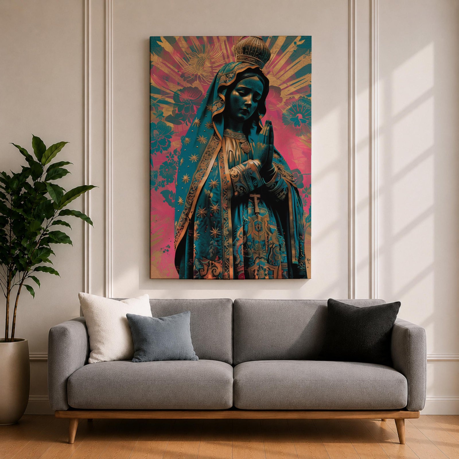 Retro style illustration of the Virgin Mary with hands folded in prayer, wearing a decorated blue mantle with star patterns and a crown, surrounded by radiant rays and floral graphic elements in bold pink and teal colors, rendered in a modern pop inspired Madonna composition with ornamental details.