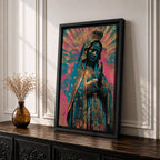 Retro style illustration of the Virgin Mary with hands folded in prayer, wearing a decorated blue mantle with star patterns and a crown, surrounded by radiant rays and floral graphic elements in bold pink and teal colors, rendered in a modern pop inspired Madonna composition with ornamental details.