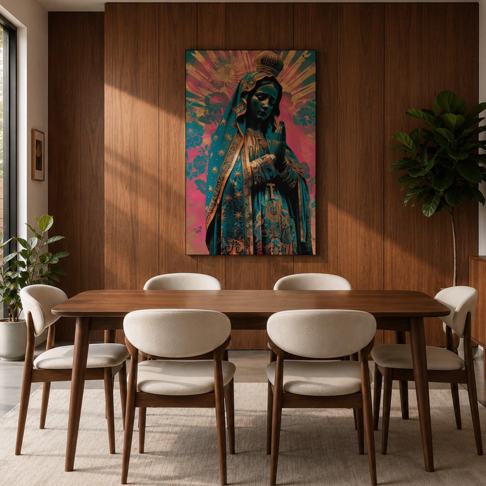Retro style illustration of the Virgin Mary with hands folded in prayer, wearing a decorated blue mantle with star patterns and a crown, surrounded by radiant rays and floral graphic elements in bold pink and teal colors, rendered in a modern pop inspired Madonna composition with ornamental details.