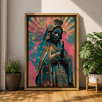 Retro style illustration of the Virgin Mary with hands folded in prayer, wearing a decorated blue mantle with star patterns and a crown, surrounded by radiant rays and floral graphic elements in bold pink and teal colors, rendered in a modern pop inspired Madonna composition with ornamental details.