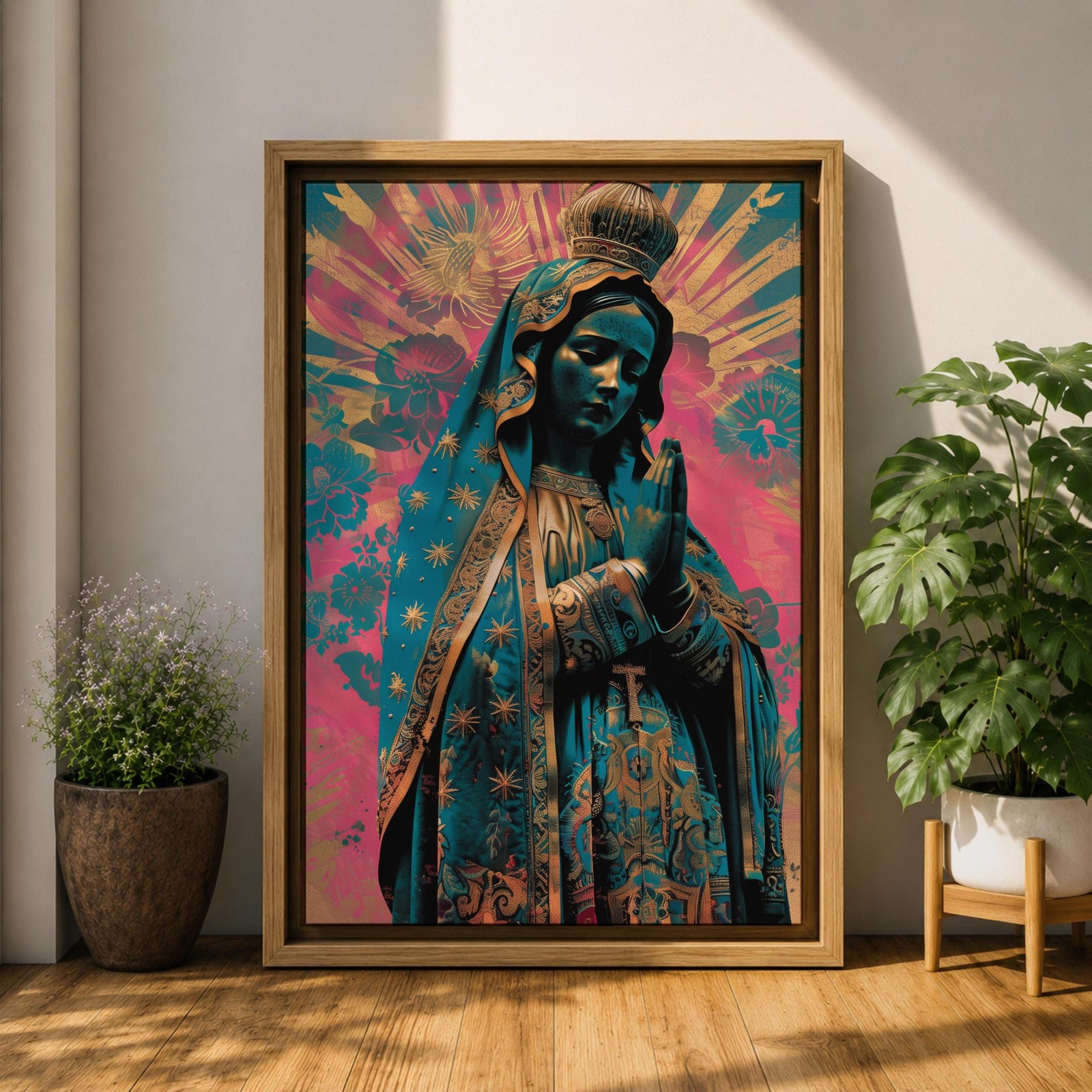 Retro style illustration of the Virgin Mary with hands folded in prayer, wearing a decorated blue mantle with star patterns and a crown, surrounded by radiant rays and floral graphic elements in bold pink and teal colors, rendered in a modern pop inspired Madonna composition with ornamental details.