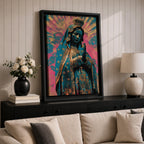 Retro style illustration of the Virgin Mary with hands folded in prayer, wearing a decorated blue mantle with star patterns and a crown, surrounded by radiant rays and floral graphic elements in bold pink and teal colors, rendered in a modern pop inspired Madonna composition with ornamental details.