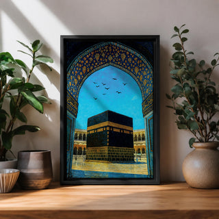 Artwork of the Kaaba in Masjid Haram framed by an ornate Moorish arabesque archway with intricate blue and gold patterns and birds flying across a bright sky above the mosque courtyard.