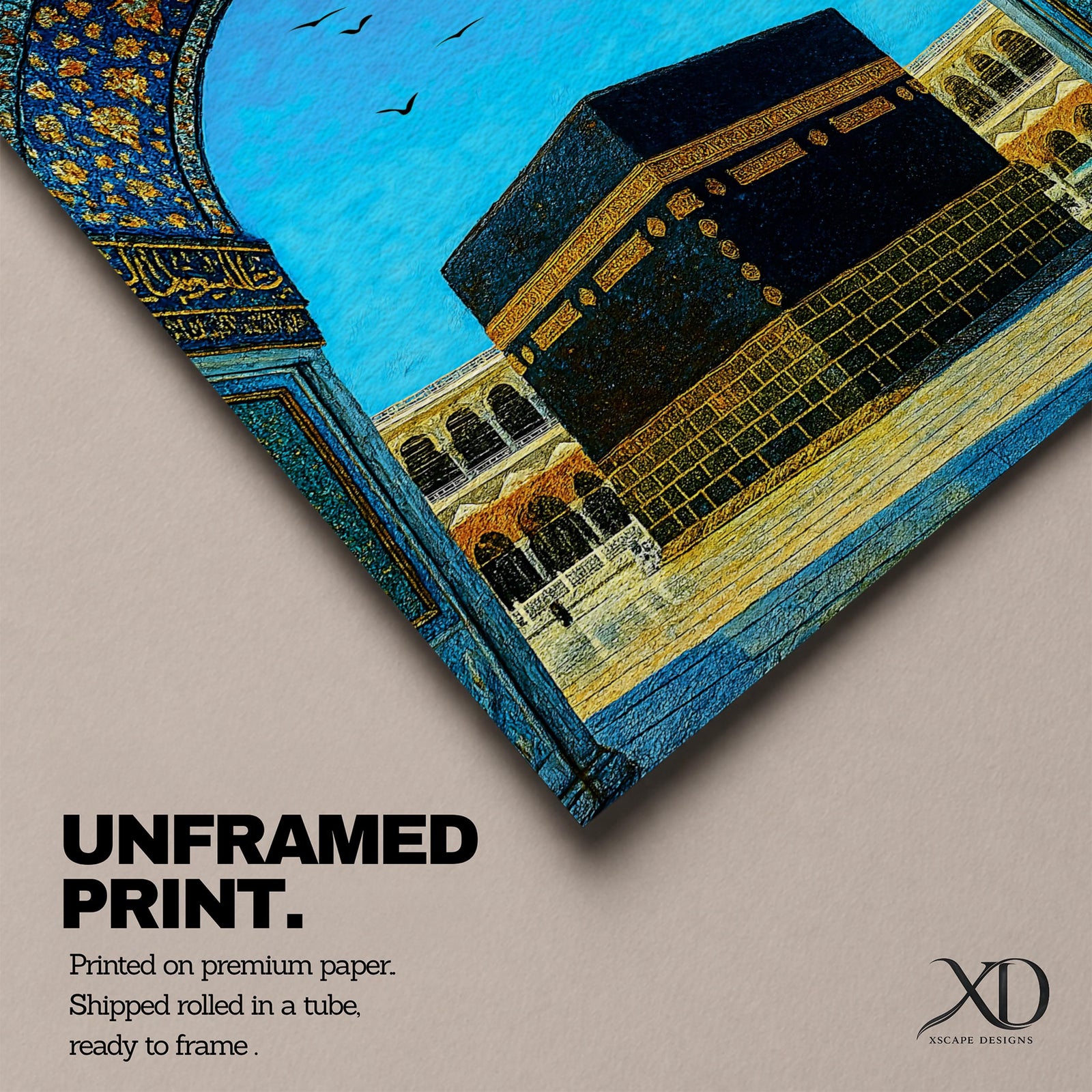 Artwork of the Kaaba in Masjid Haram framed by an ornate Moorish arabesque archway with intricate blue and gold patterns and birds flying across a bright sky above the mosque courtyard.