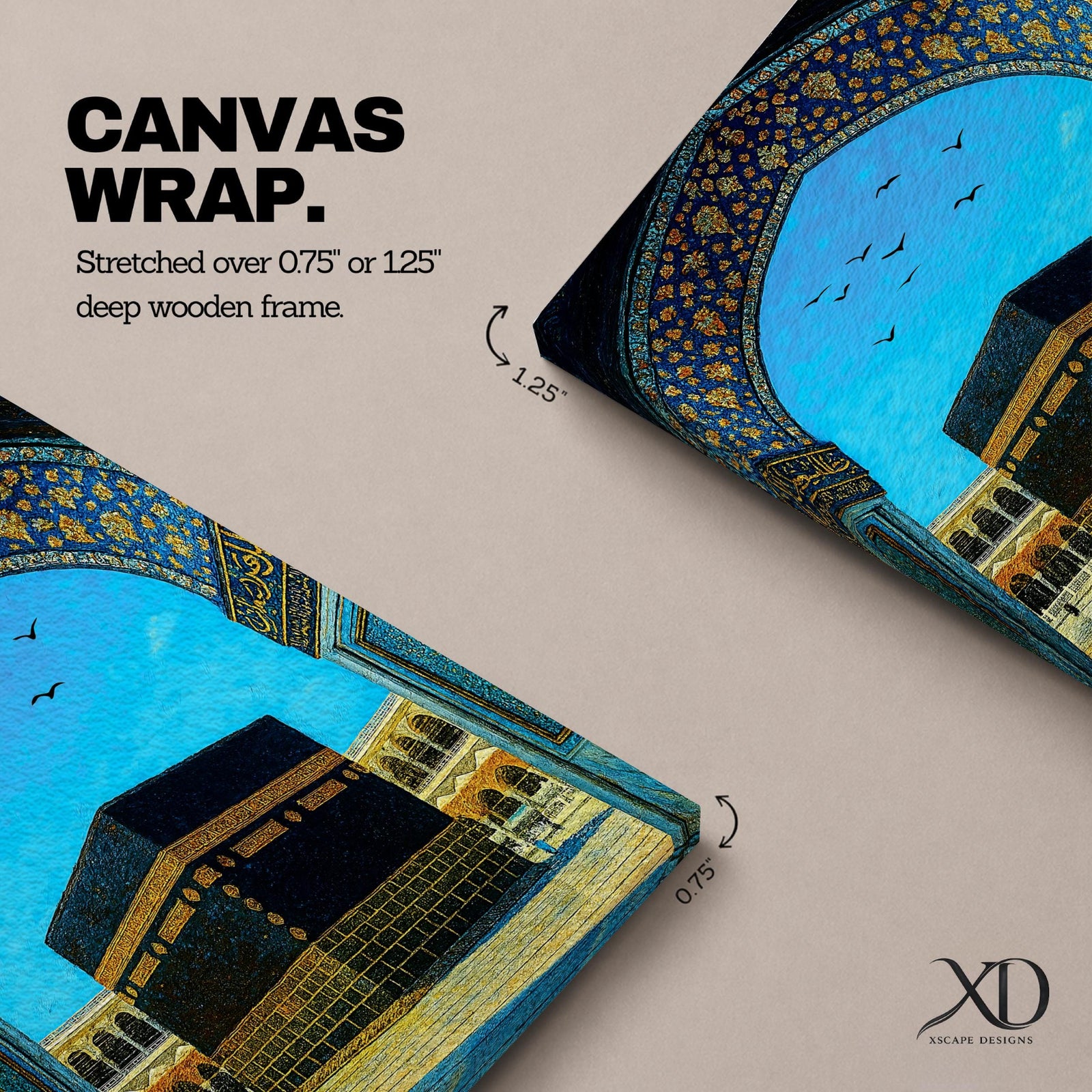 Artwork of the Kaaba in Masjid Haram framed by an ornate Moorish arabesque archway with intricate blue and gold patterns and birds flying across a bright sky above the mosque courtyard.