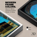 Artwork of the Kaaba in Masjid Haram framed by an ornate Moorish arabesque archway with intricate blue and gold patterns and birds flying across a bright sky above the mosque courtyard.
