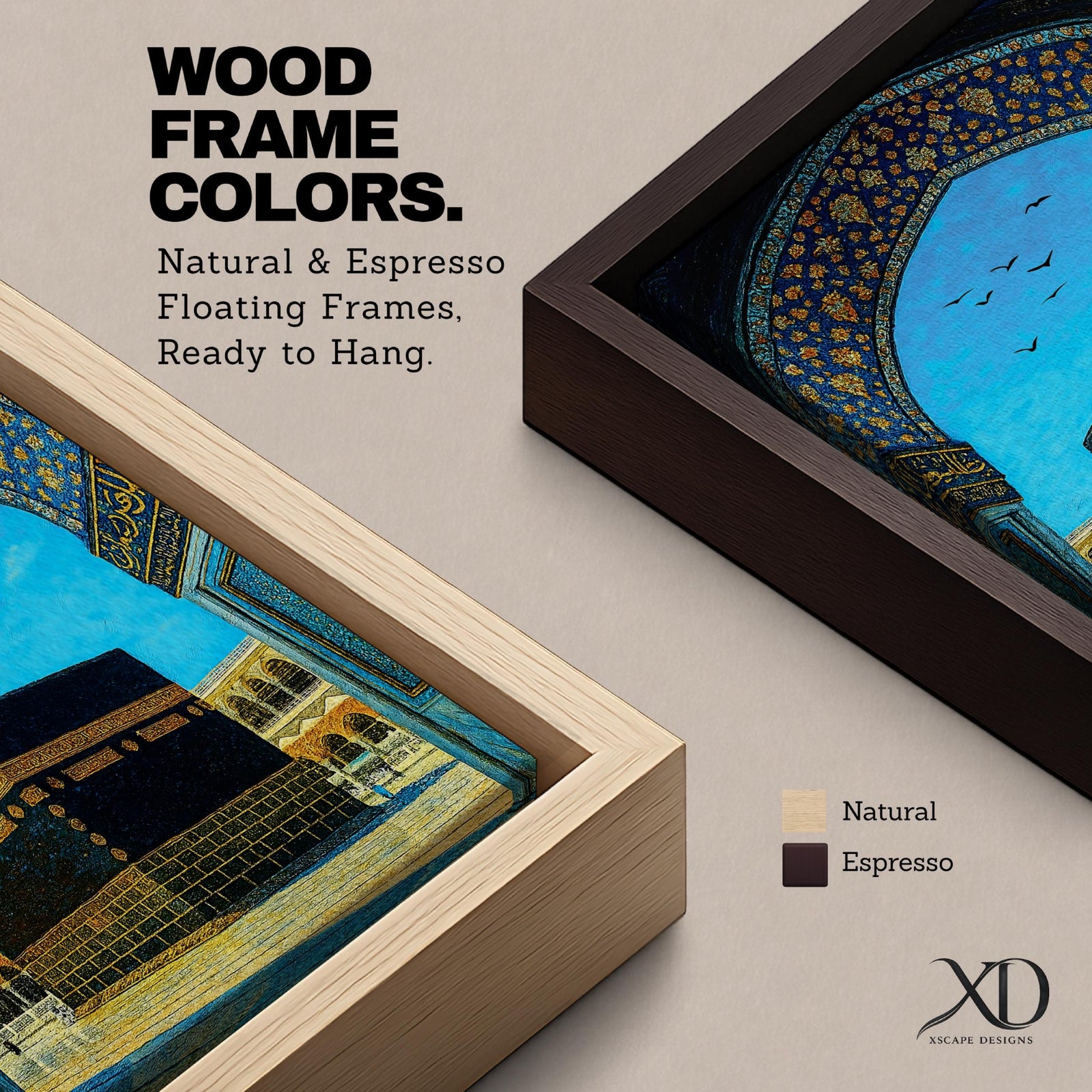 Artwork of the Kaaba in Masjid Haram framed by an ornate Moorish arabesque archway with intricate blue and gold patterns and birds flying across a bright sky above the mosque courtyard.
