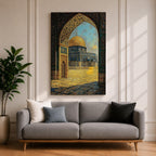 Textured artwork of the Dome of the Rock in Jerusalem viewed through a decorated Moorish arch with arabesque patterns framing the golden dome and courtyard beneath a blue sky.