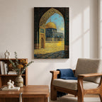 Textured artwork of the Dome of the Rock in Jerusalem viewed through a decorated Moorish arch with arabesque patterns framing the golden dome and courtyard beneath a blue sky.