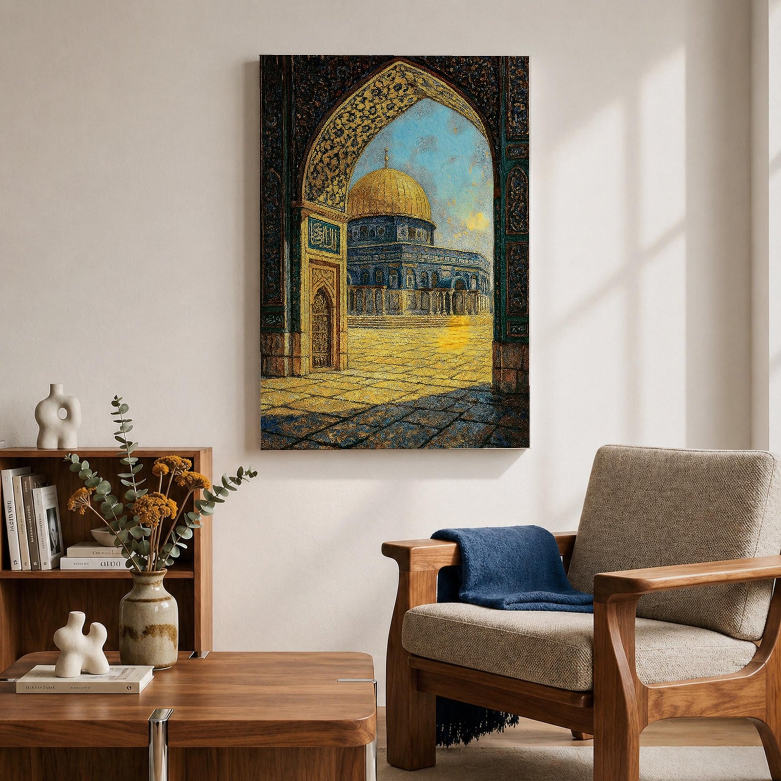 Textured artwork of the Dome of the Rock in Jerusalem viewed through a decorated Moorish arch with arabesque patterns framing the golden dome and courtyard beneath a blue sky.