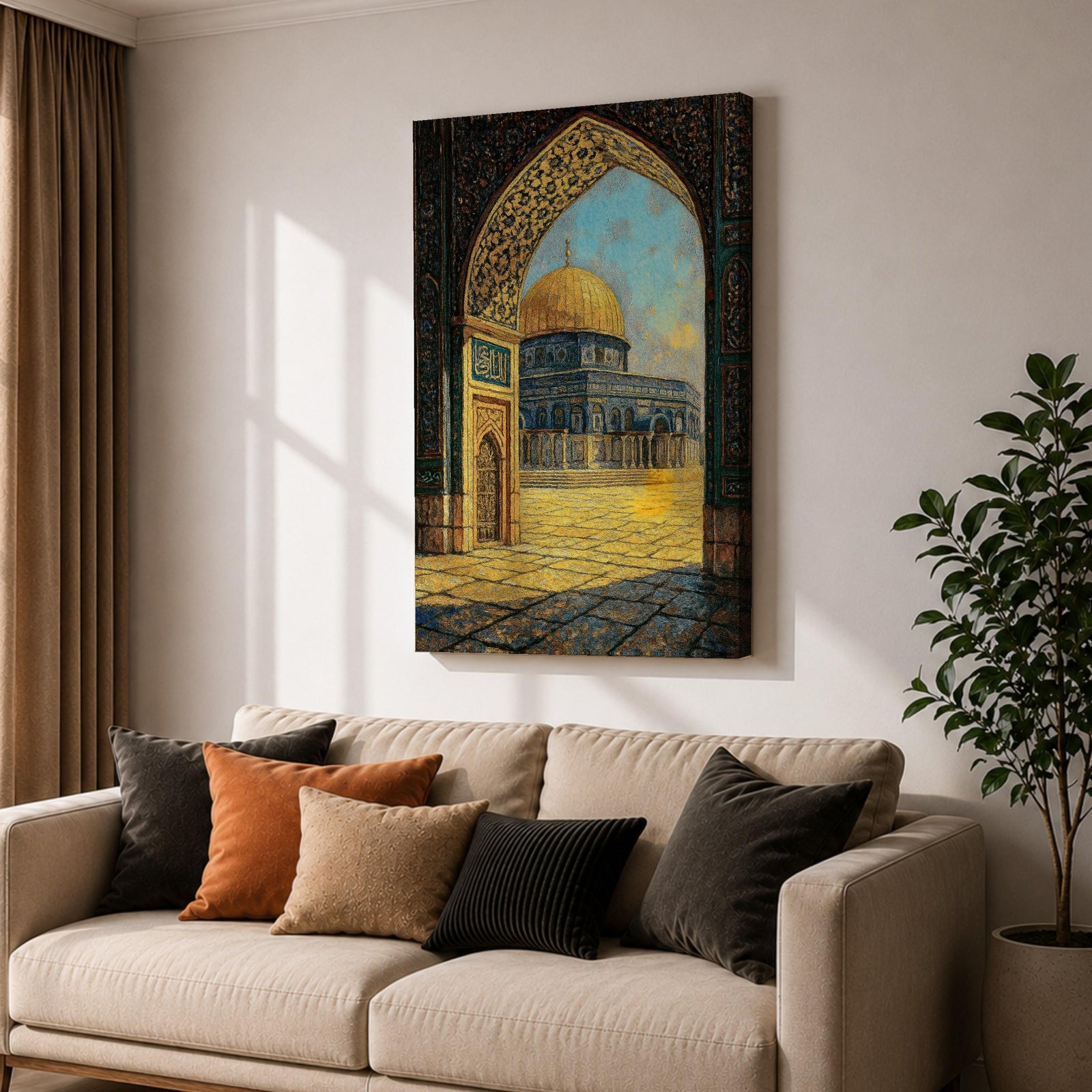 Textured artwork of the Dome of the Rock in Jerusalem viewed through a decorated Moorish arch with arabesque patterns framing the golden dome and courtyard beneath a blue sky.