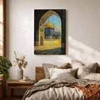 Textured artwork of the Dome of the Rock in Jerusalem viewed through a decorated Moorish arch with arabesque patterns framing the golden dome and courtyard beneath a blue sky.