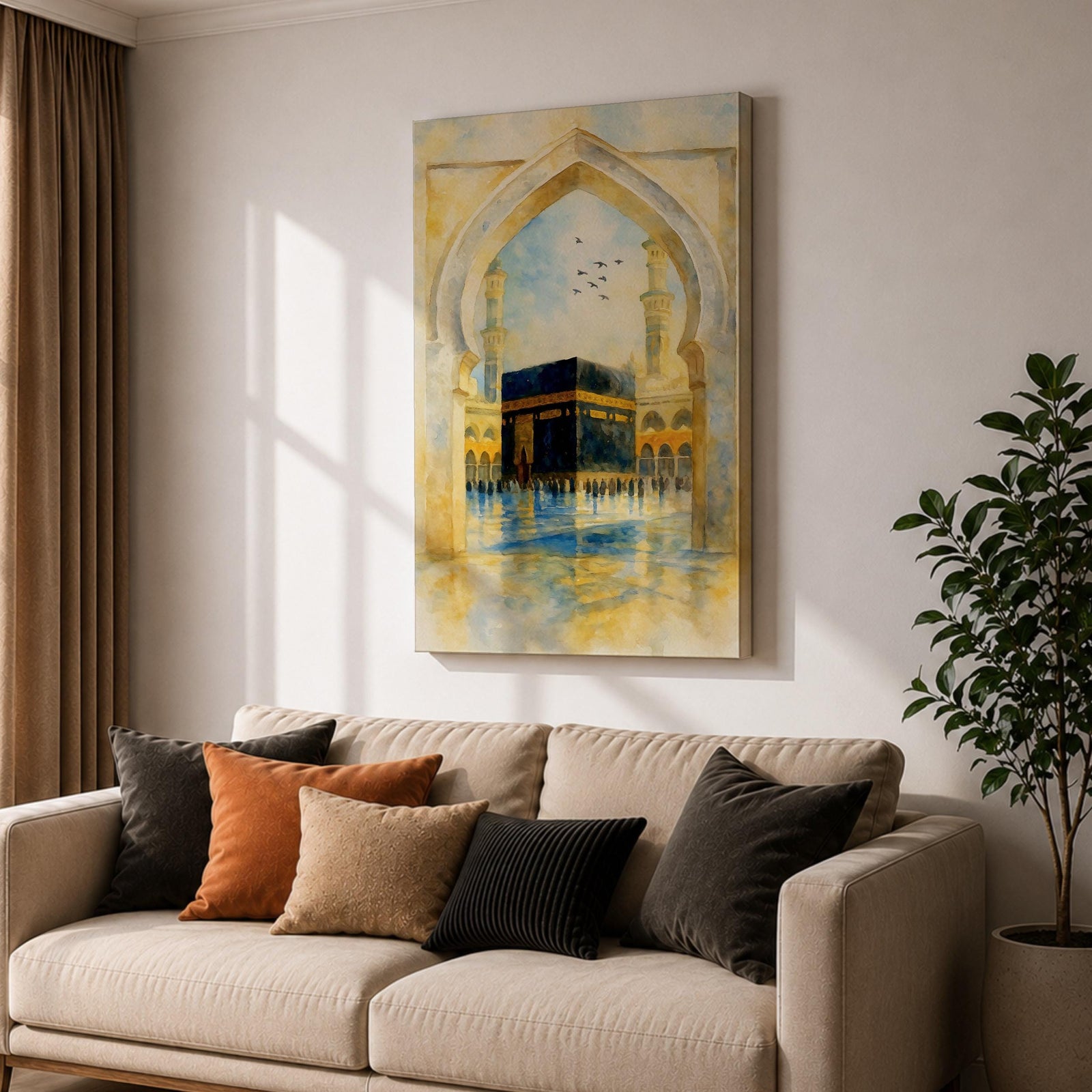 Soft watercolor artwork of the Kaaba at Masjid Al Haram framed by a Moorish pointed arch with mosque minarets and birds flying above the reflective courtyard.