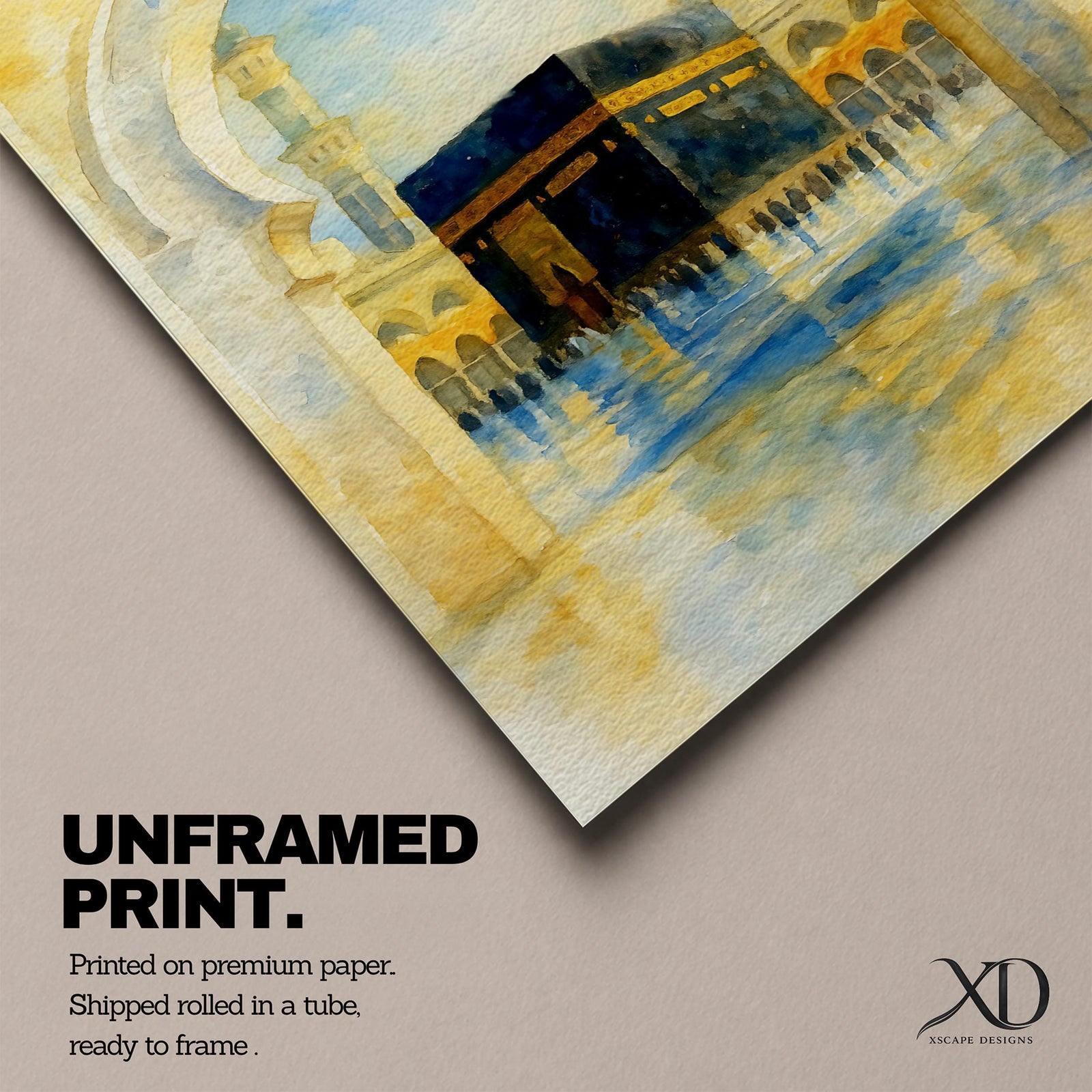 Soft watercolor artwork of the Kaaba at Masjid Al Haram framed by a Moorish pointed arch with mosque minarets and birds flying above the reflective courtyard.