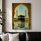 Artwork of the Kaaba in Masjid Haram viewed through an ornate Moorish arch with arabesque detailing, twin mosque minarets rising above the reflective courtyard beneath a soft blue sky.