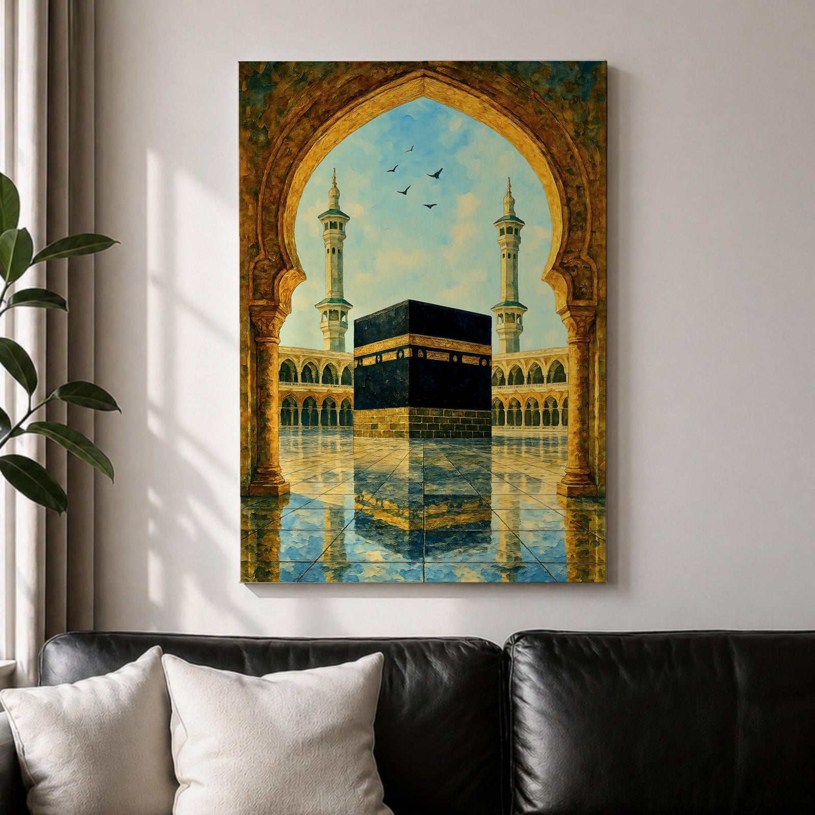 Artwork of the Kaaba in Masjid Haram viewed through an ornate Moorish arch with arabesque detailing, twin mosque minarets rising above the reflective courtyard beneath a soft blue sky.