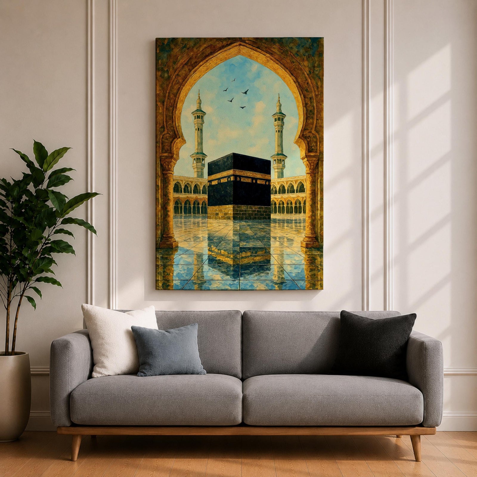 Artwork of the Kaaba in Masjid Haram viewed through an ornate Moorish arch with arabesque detailing, twin mosque minarets rising above the reflective courtyard beneath a soft blue sky.