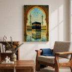 Artwork of the Kaaba in Masjid Haram viewed through an ornate Moorish arch with arabesque detailing, twin mosque minarets rising above the reflective courtyard beneath a soft blue sky.