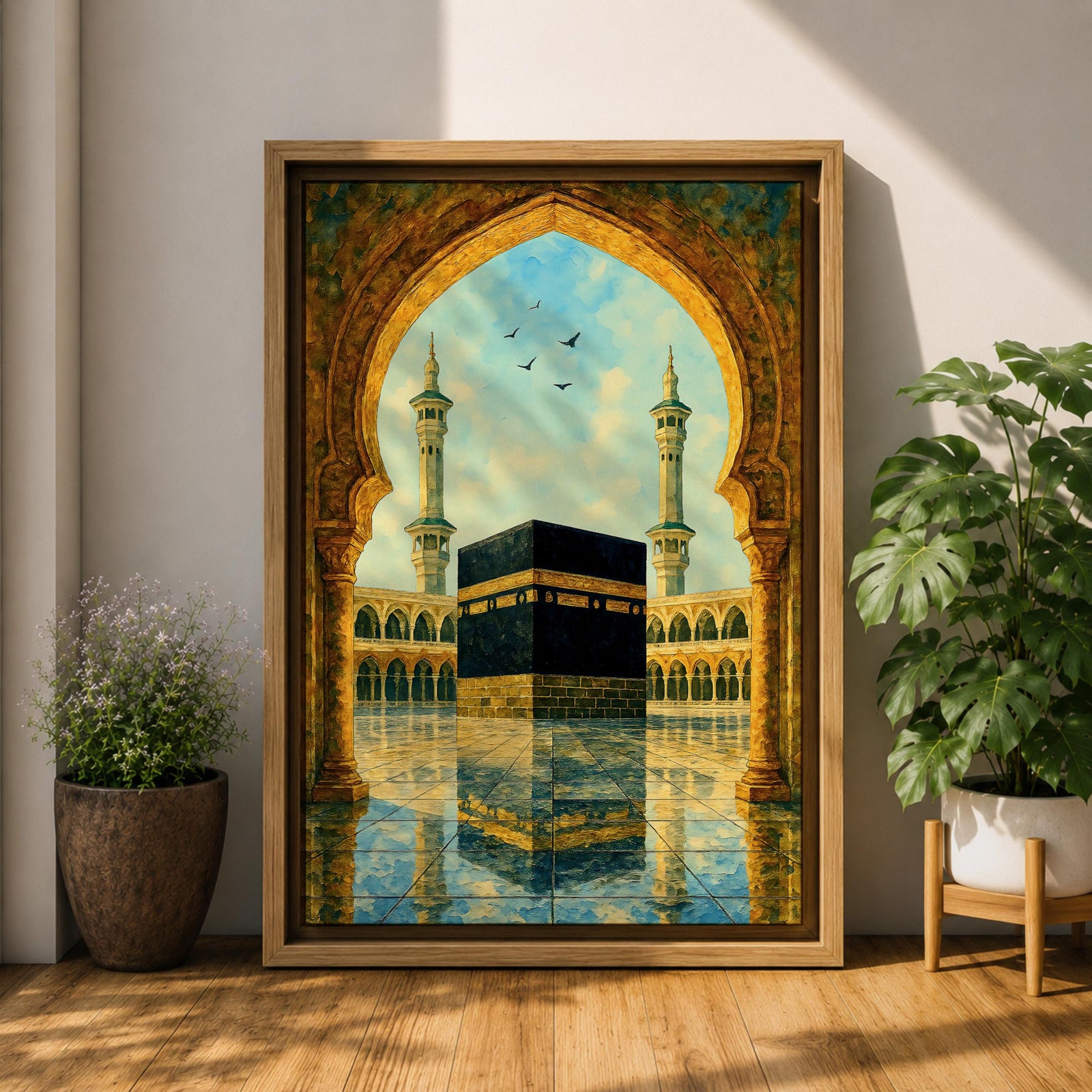 Artwork of the Kaaba in Masjid Haram viewed through an ornate Moorish arch with arabesque detailing, twin mosque minarets rising above the reflective courtyard beneath a soft blue sky.