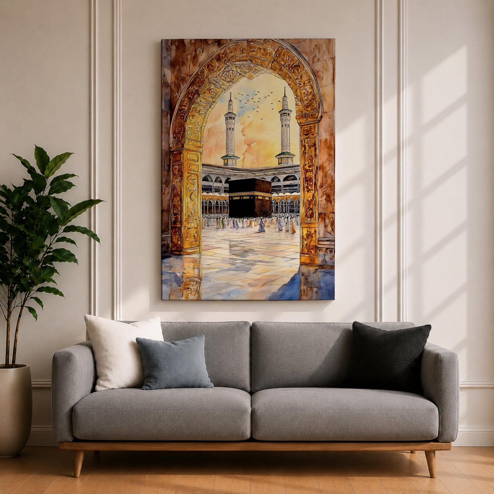 Watercolor artwork of the Kaaba in Masjid Haram viewed through an ornate mosque archway with twin minarets rising above the courtyard and pilgrims gathered around the sacred sanctuary.
