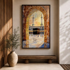 Watercolor artwork of the Kaaba in Masjid Haram viewed through an ornate mosque archway with twin minarets rising above the courtyard and pilgrims gathered around the sacred sanctuary.