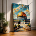 Oil painting style artwork of the golden dome of Masjid Al Aqsa in Jerusalem with textured brushstrokes and vibrant sky above the historic mosque complex.
