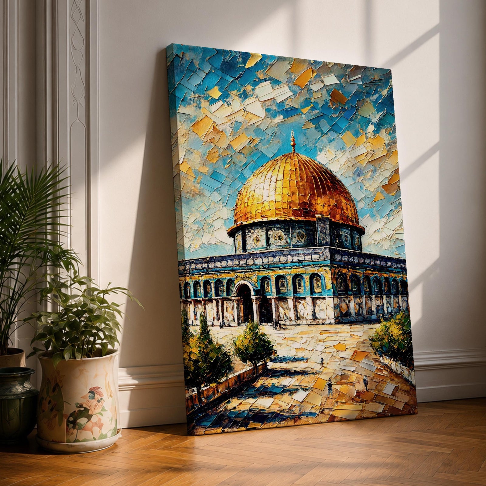 Oil painting style artwork of the golden dome of Masjid Al Aqsa in Jerusalem with textured brushstrokes and vibrant sky above the historic mosque complex.