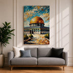 Oil painting style artwork of the golden dome of Masjid Al Aqsa in Jerusalem with textured brushstrokes and vibrant sky above the historic mosque complex.