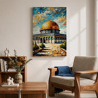 Oil painting style artwork of the golden dome of Masjid Al Aqsa in Jerusalem with textured brushstrokes and vibrant sky above the historic mosque complex.
