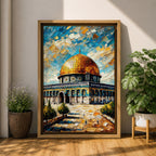 Oil painting style artwork of the golden dome of Masjid Al Aqsa in Jerusalem with textured brushstrokes and vibrant sky above the historic mosque complex.