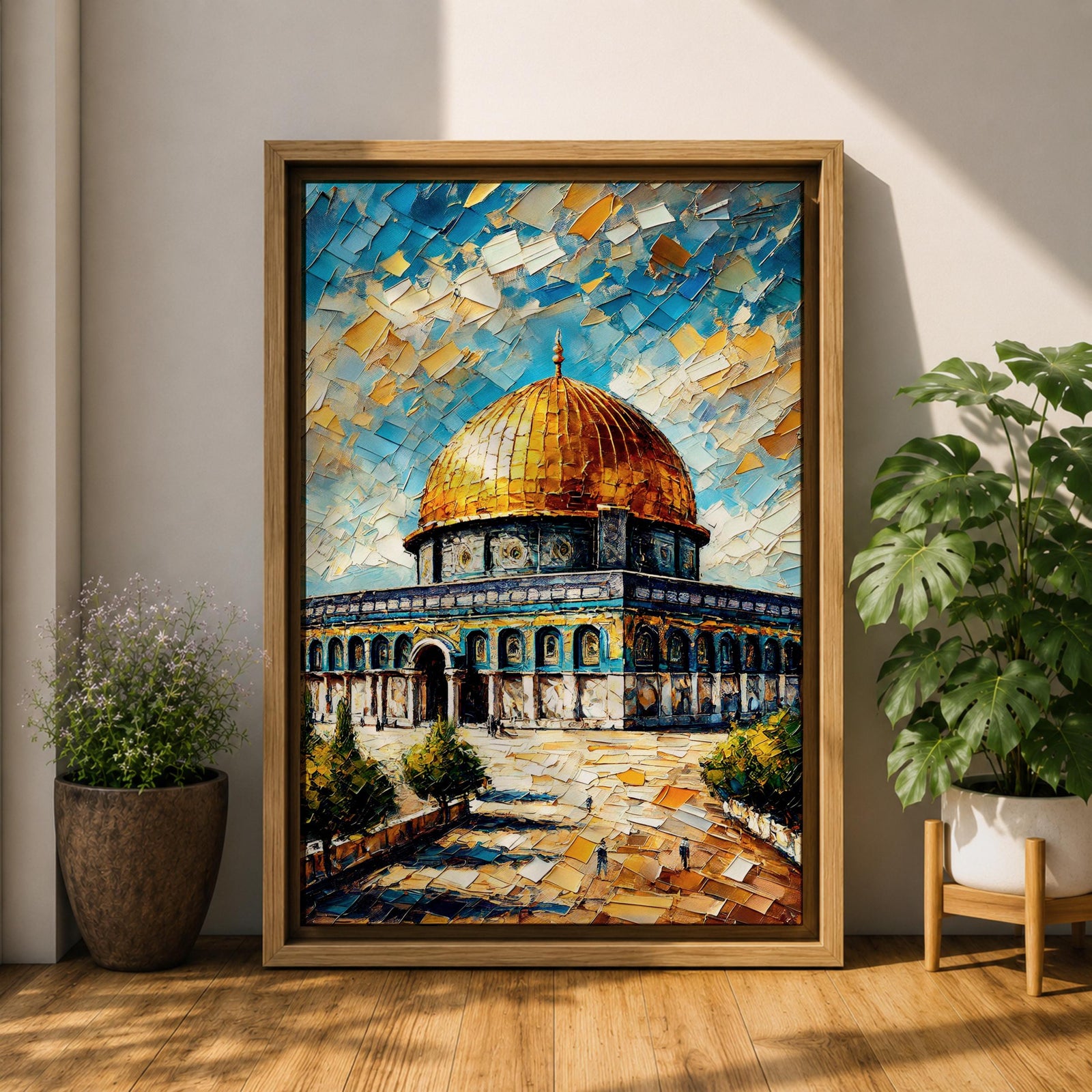 Oil painting style artwork of the golden dome of Masjid Al Aqsa in Jerusalem with textured brushstrokes and vibrant sky above the historic mosque complex.