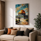 Oil painting style artwork of the golden dome of Masjid Al Aqsa in Jerusalem with textured brushstrokes and vibrant sky above the historic mosque complex.